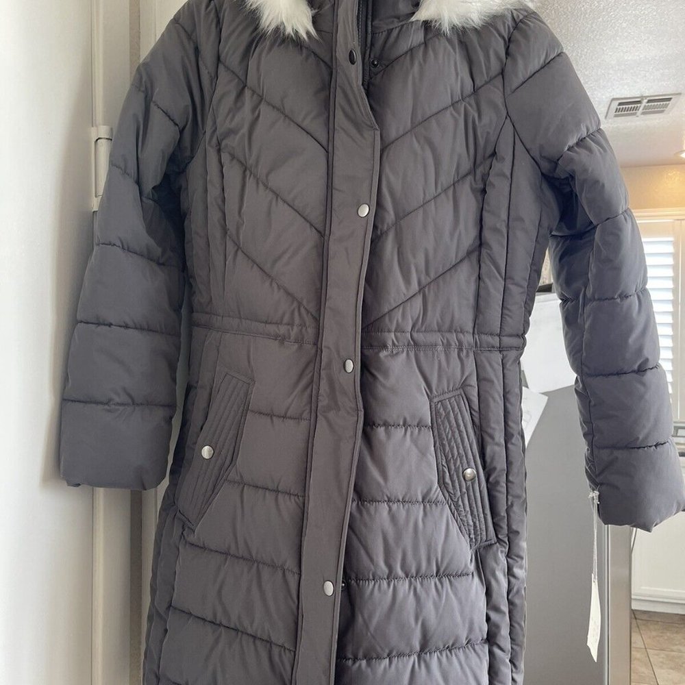 Womens A New Day gray long quilted parka coat faux fur lined hood NWT size M